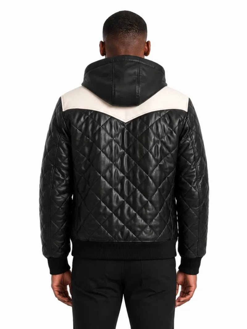 Men's black sheepskin leather hooded jacket, back view