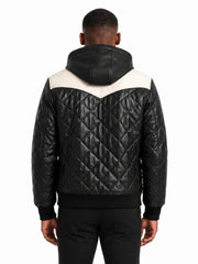 Men's black sheepskin leather hooded jacket, back view