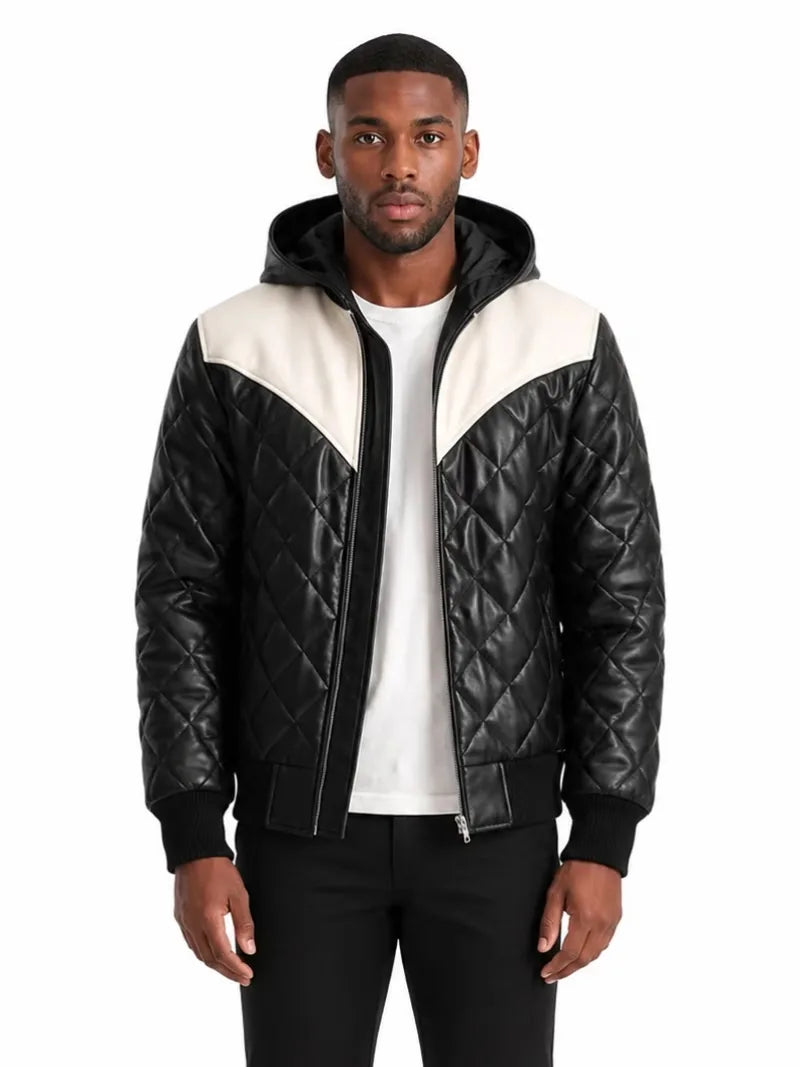 Men's black sheepskin leather hooded jacket, front view
