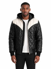 Men's black sheepskin leather hooded jacket, front view
