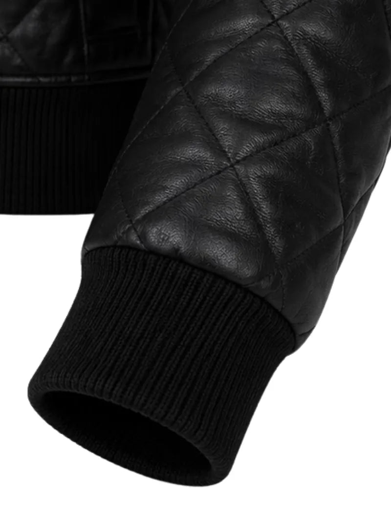 Men's black sheepskin leather hooded jacket, lining detail