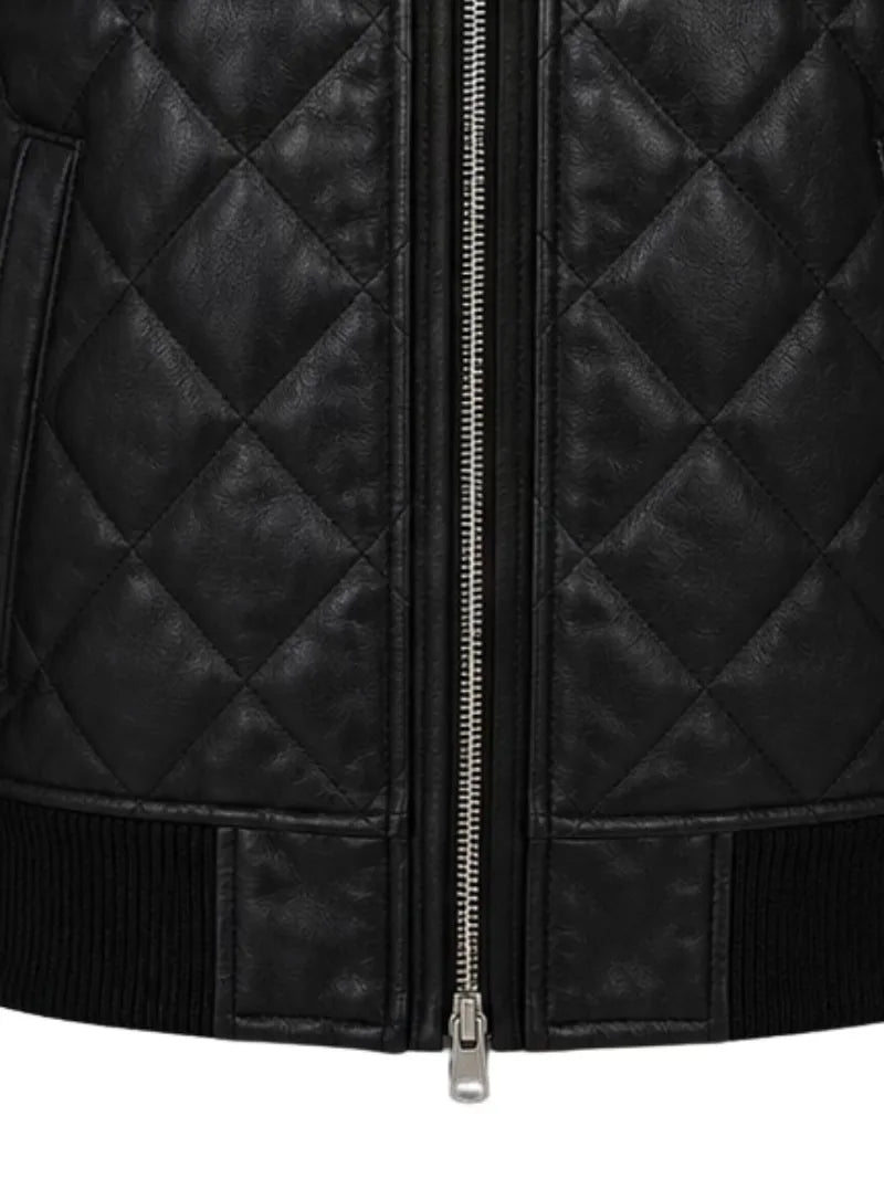 Men's black sheepskin leather hooded jacket, pocket detail