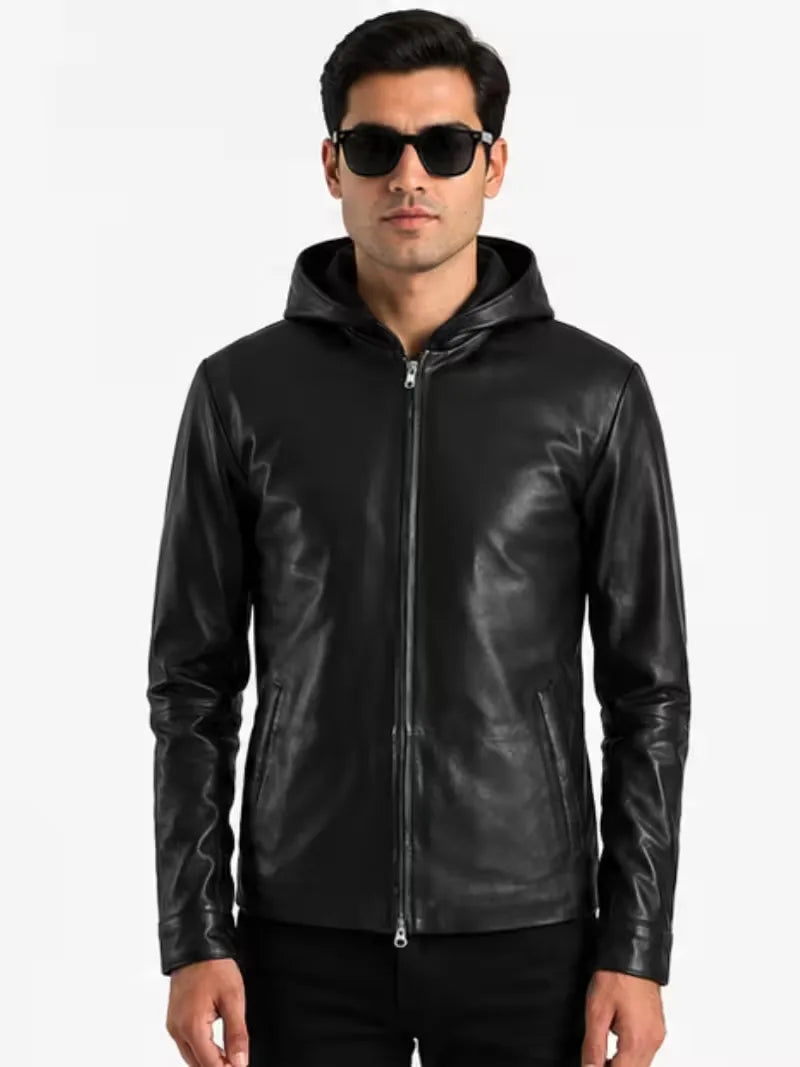 Men's Black Sheepskin Leather Hooded Jacket with Hooded collar