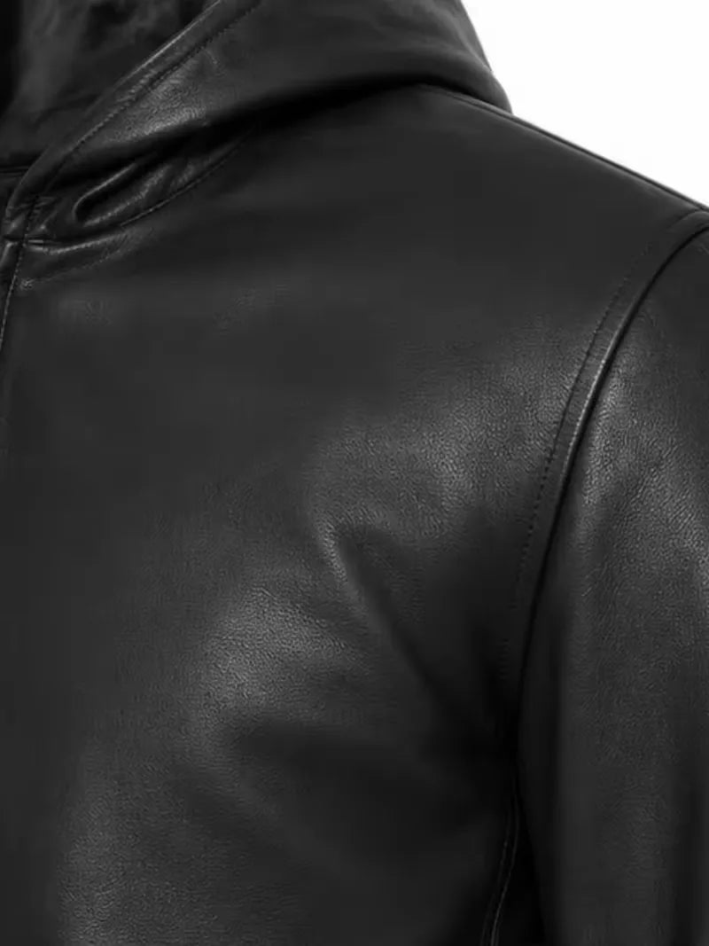 Men's black sheepskin leather hooded jacket, worn on model