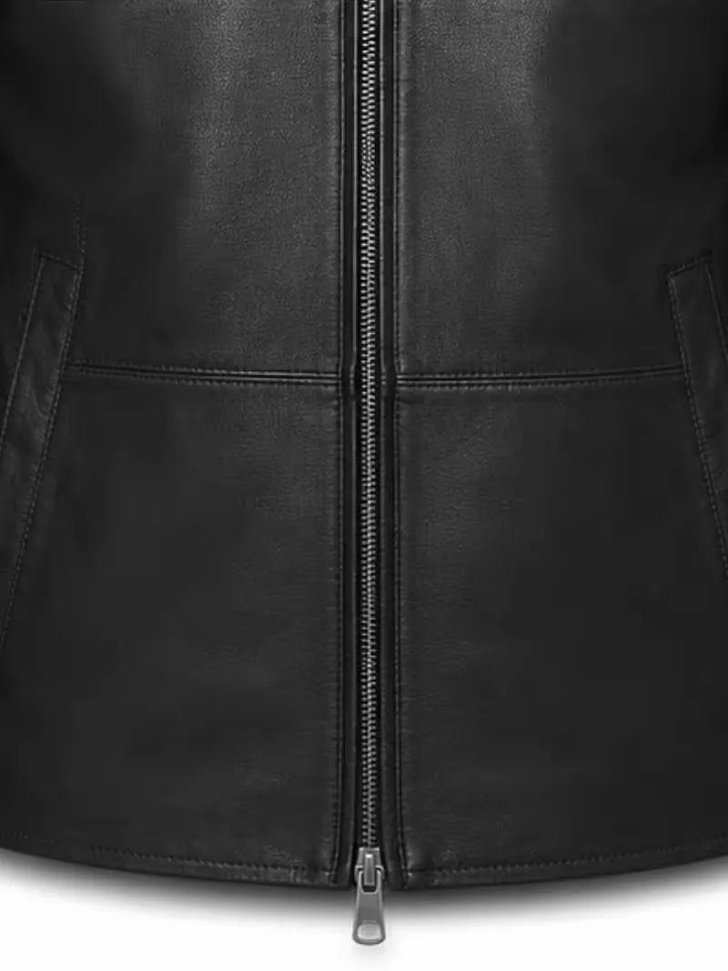 Men's black sheepskin leather hooded jacket, front view