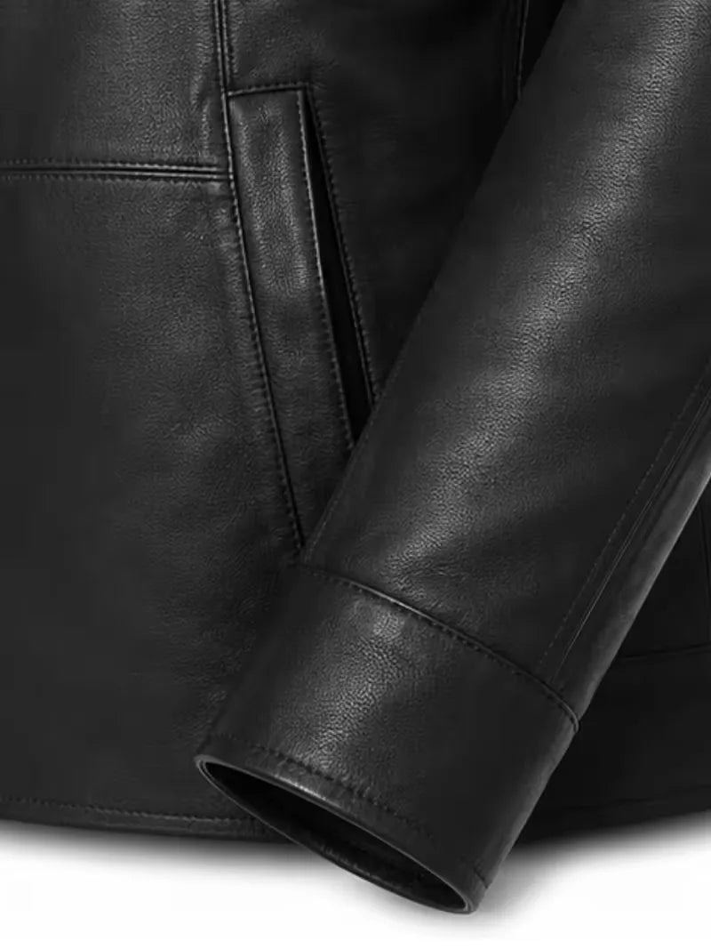 Men's black sheepskin leather hooded jacket, back view
