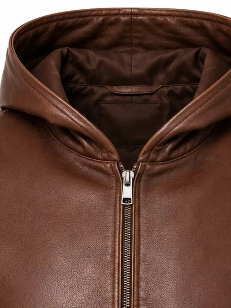 Men's black sheepskin leather hooded jacket, side view