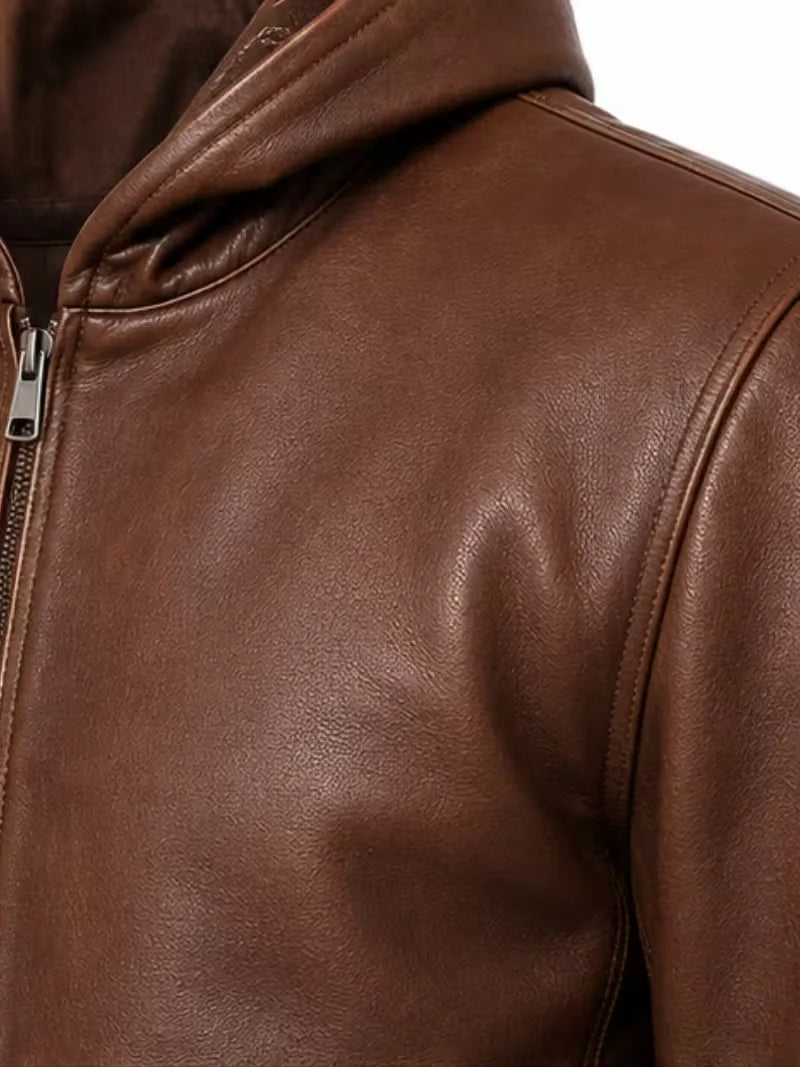 Men's black sheepskin leather hooded jacket, collar detail