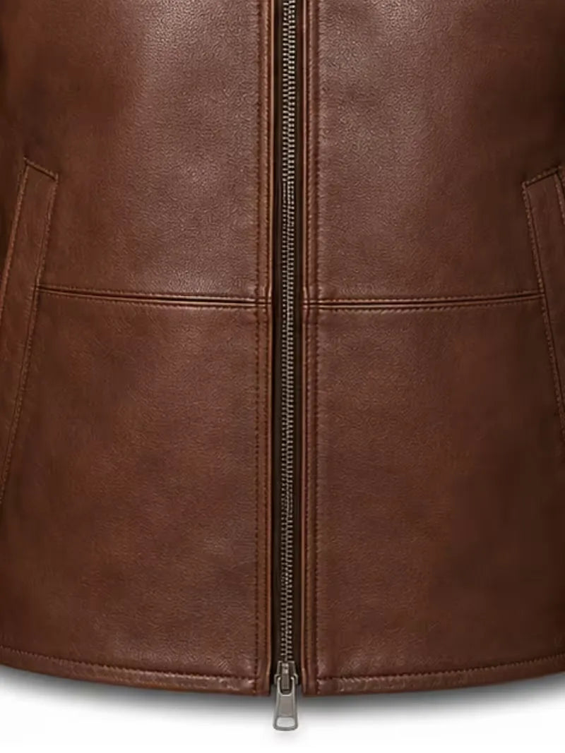 Men's black sheepskin leather hooded jacket, zip and closure detail