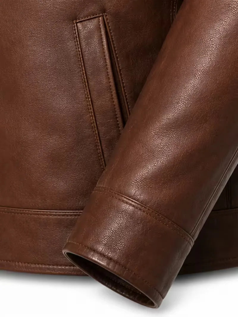 Men's black sheepskin leather hooded jacket, cuff detail