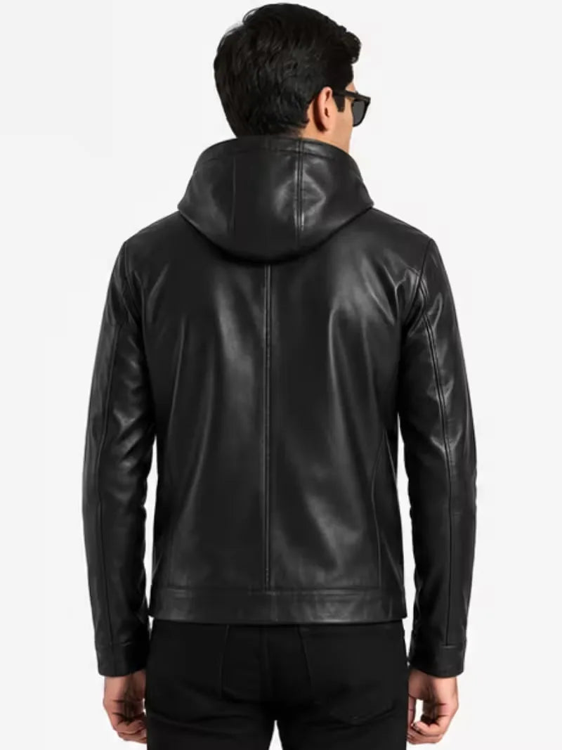 Men's black sheepskin leather hooded jacket, back view