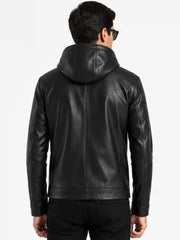 Men's black sheepskin leather hooded jacket, back view