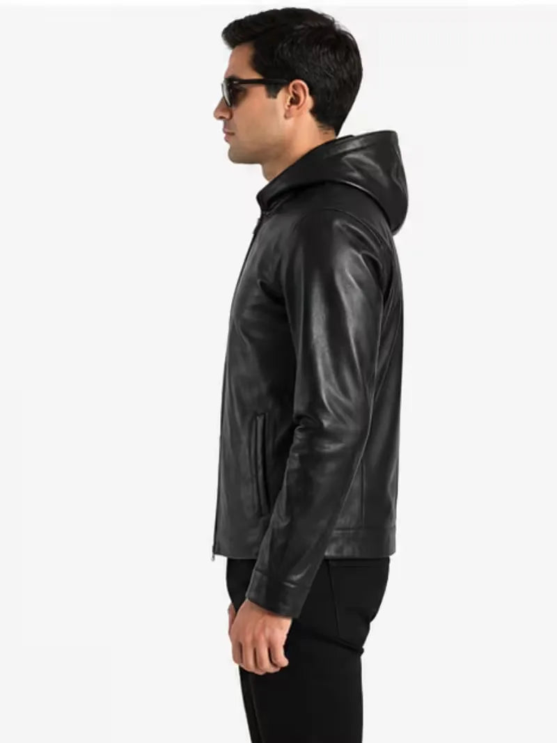 Men's black sheepskin leather hooded jacket, side view