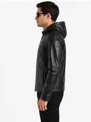 Men's black sheepskin leather hooded jacket, side view