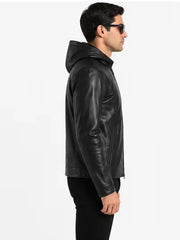 Men's black sheepskin leather hooded jacket, collar detail