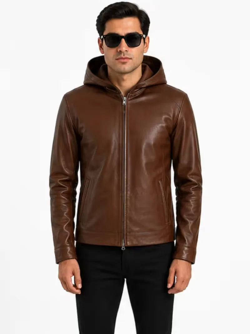 Men's Black Sheepskin Leather Hooded Jacket with Hooded collar