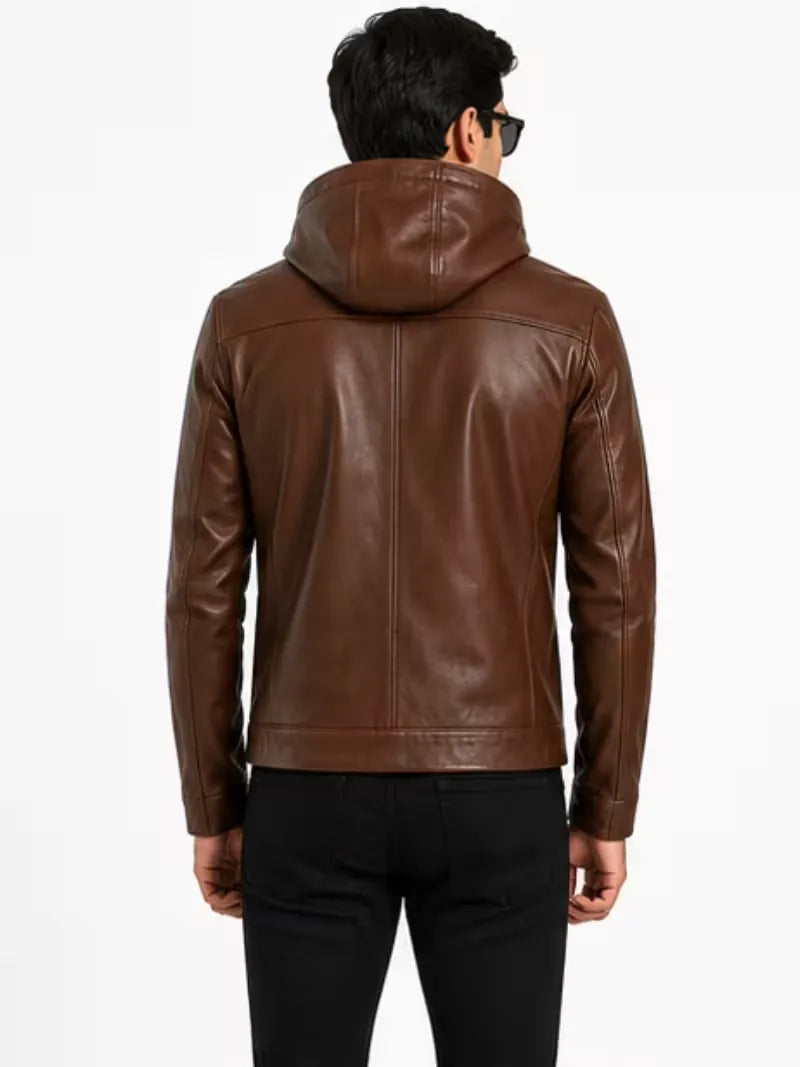 Men's black sheepskin leather hooded jacket, cuff detail