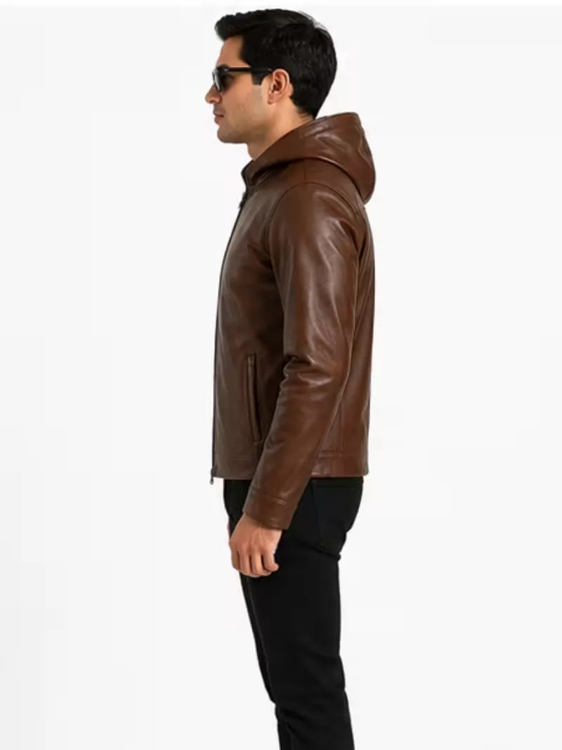 Men's black sheepskin leather hooded jacket, pocket detail