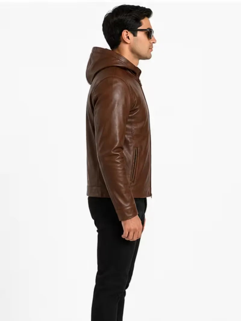 Men's black sheepskin leather hooded jacket, lining detail