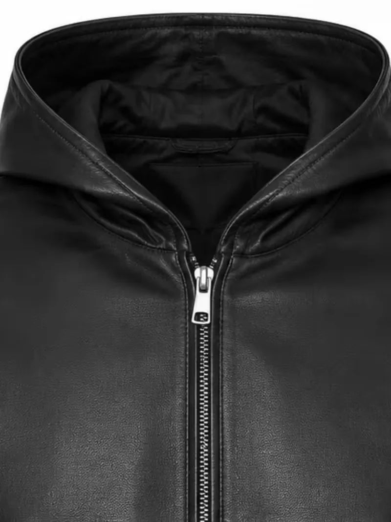 Men's black sheepskin leather hooded jacket, full length
