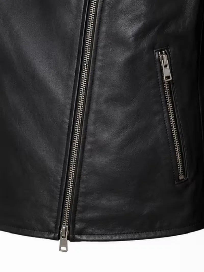 Men's black sheepskin leather jacket, pocket detail