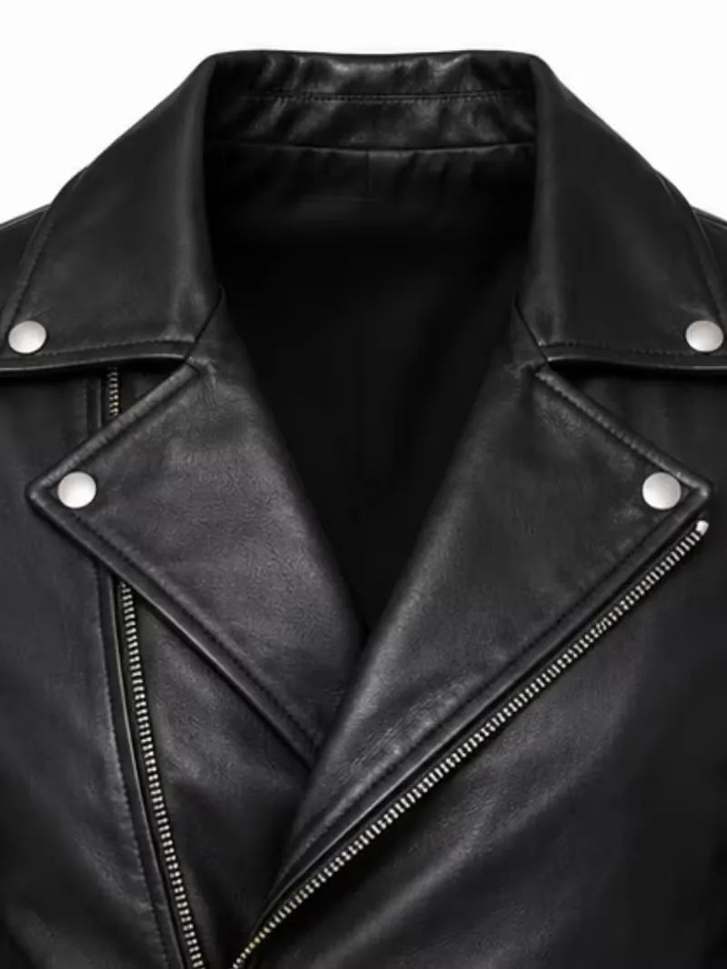 Men's black sheepskin leather jacket, zip and closure detail