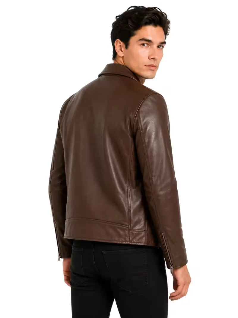 Men's black sheepskin leather jacket, collar detail