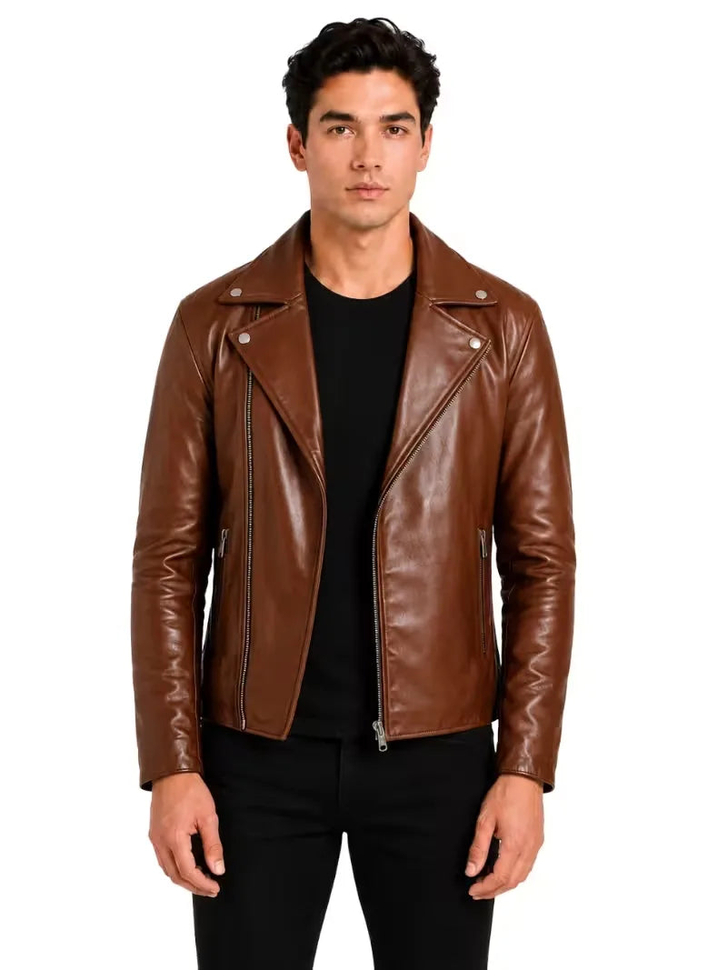 Men's black sheepskin leather jacket, side view