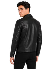 Men's black sheepskin leather jacket, back view
