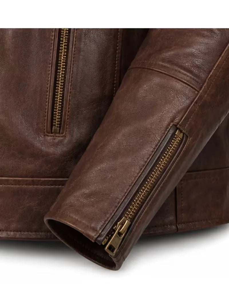 Men's sheepskin leather biker jacket, collar detail
