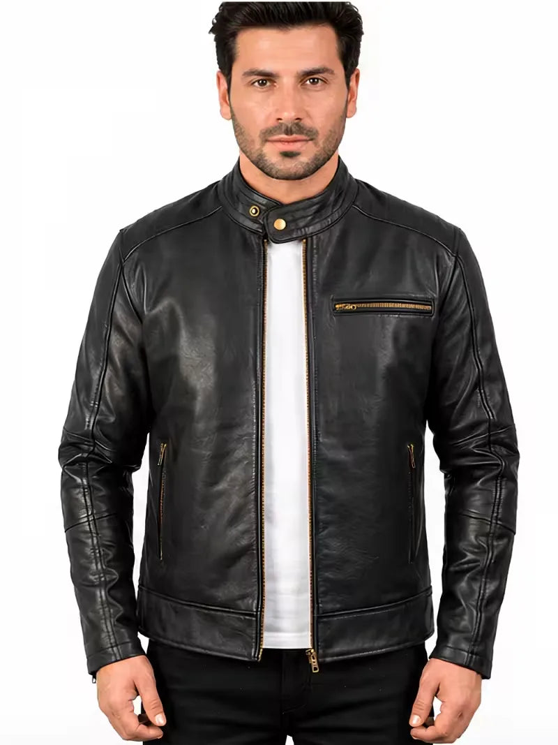 Men's sheepskin leather biker jacket, front view