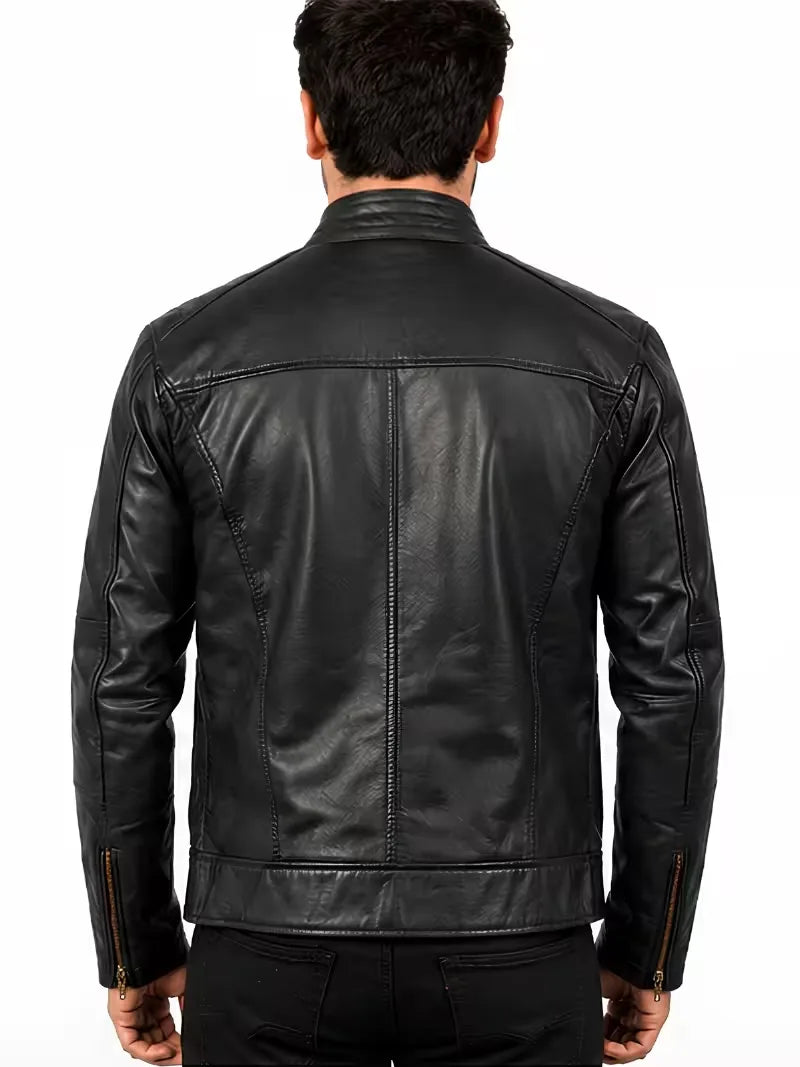 Men's sheepskin leather biker jacket, back view