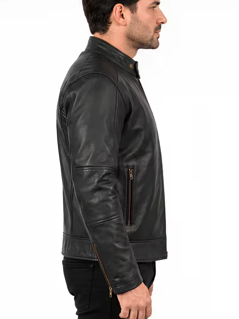 Men's sheepskin leather biker jacket, side view
