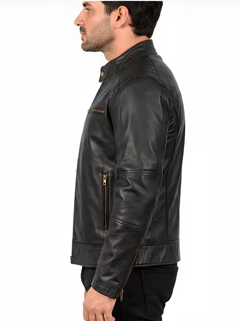 Men's sheepskin leather biker jacket, collar detail