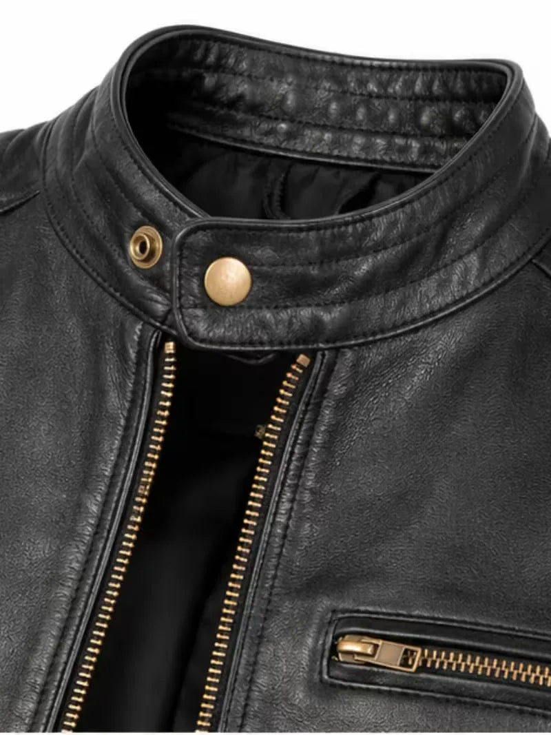 Men's sheepskin leather biker jacket, zip and closure detail