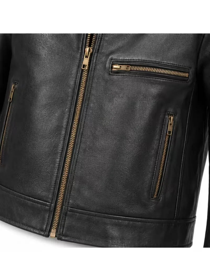 Men's sheepskin leather biker jacket, pocket detail