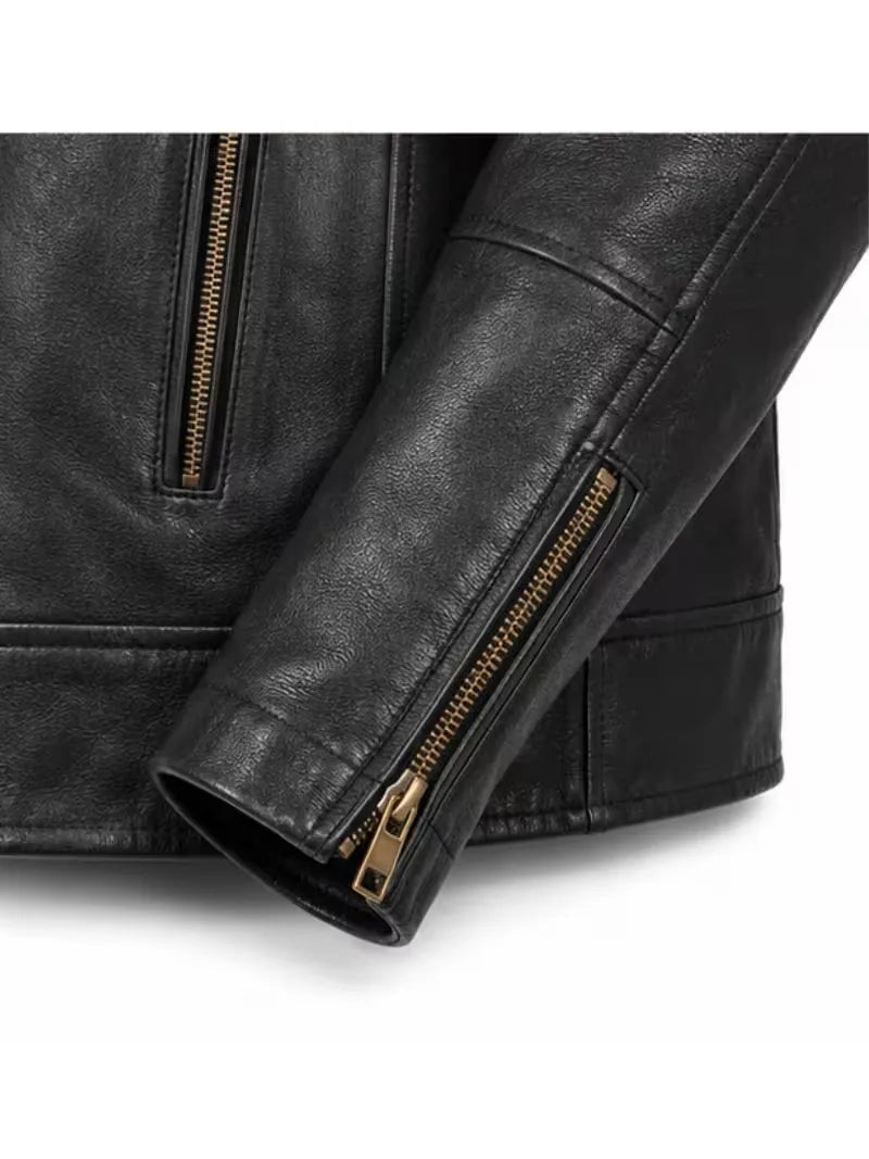 Men's sheepskin leather biker jacket, cuff detail