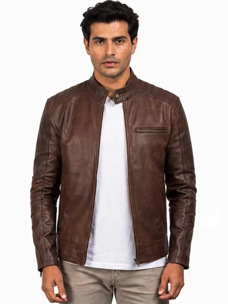 Men's sheepskin leather biker jacket, full length