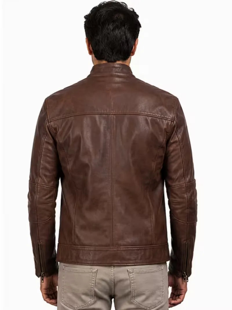 Men's sheepskin leather biker jacket, worn on model