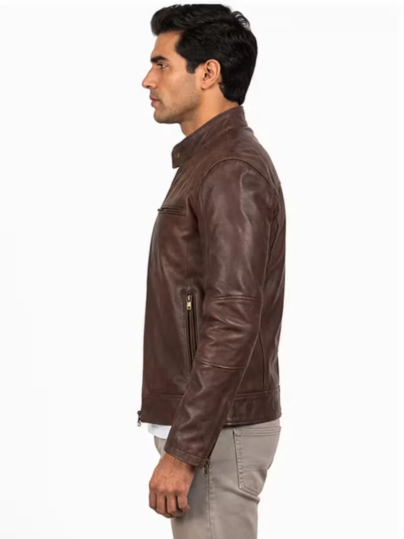 Men's sheepskin leather biker jacket, back view
