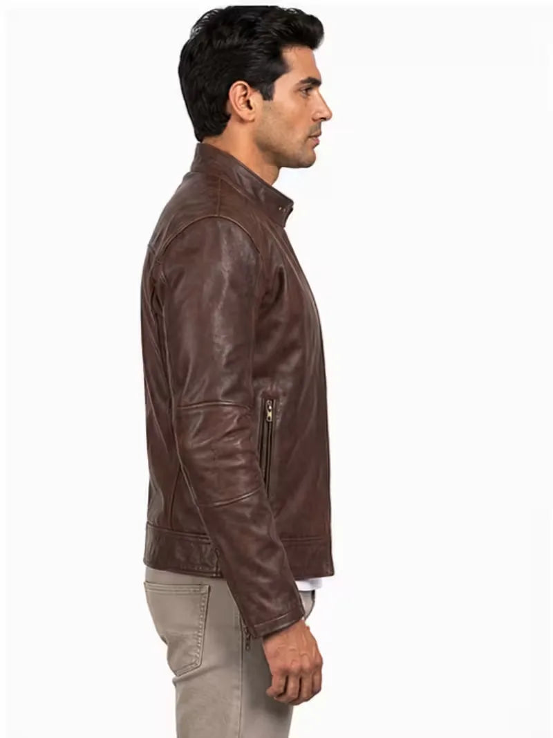 Men's sheepskin leather biker jacket, front view