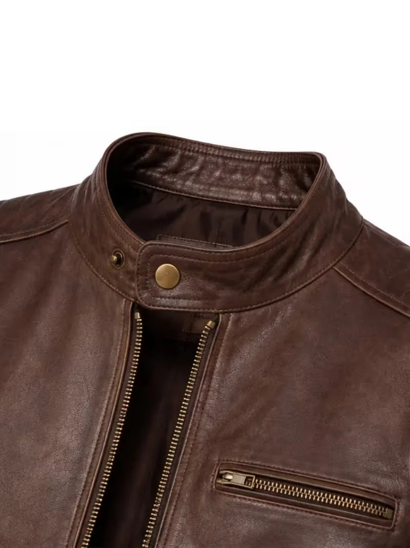 Men's sheepskin leather biker jacket, side view