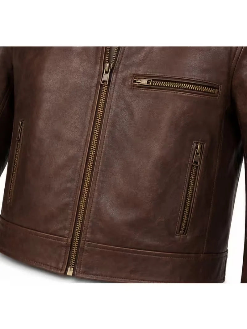 Men's sheepskin leather biker jacket, zip and closure detail