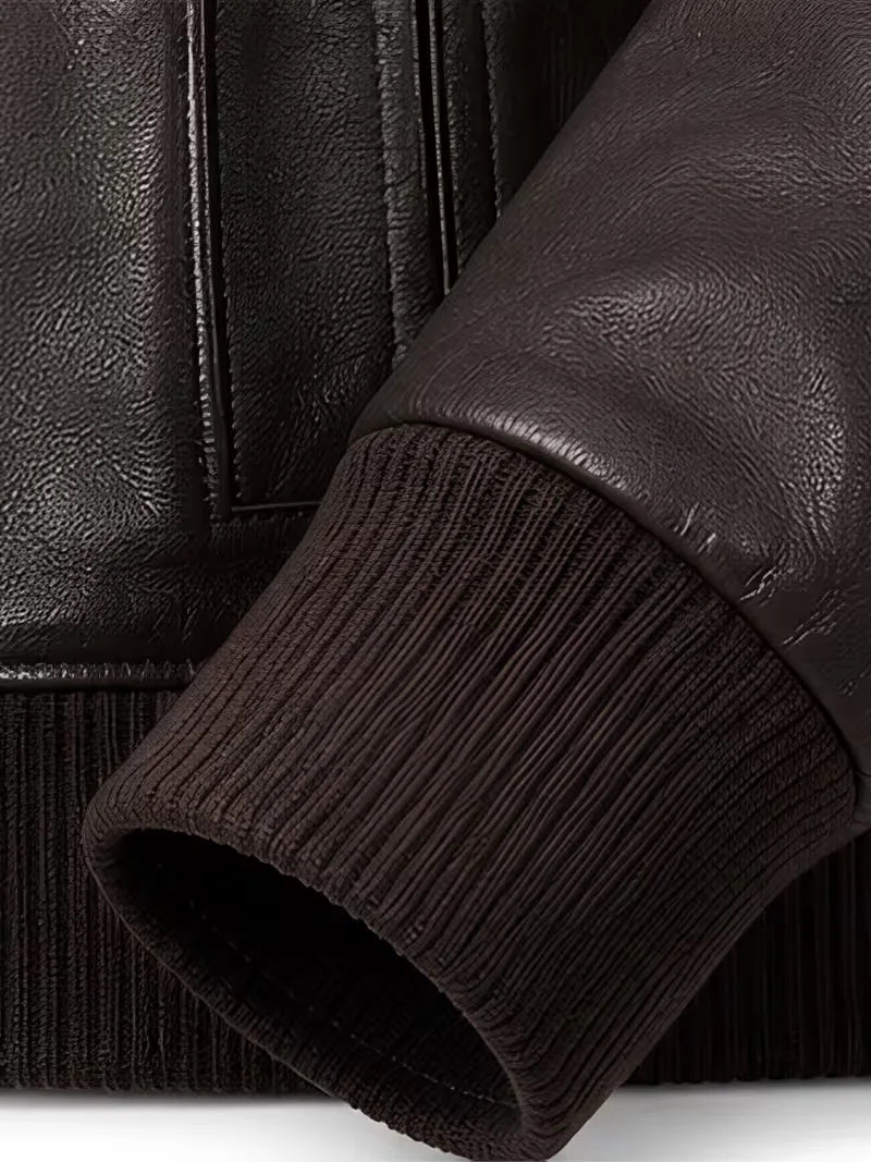 Men's black sheepskin leather bomber jacket, back view