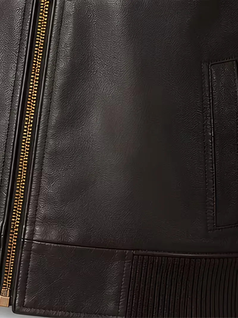 Men's black sheepskin leather bomber jacket, front view