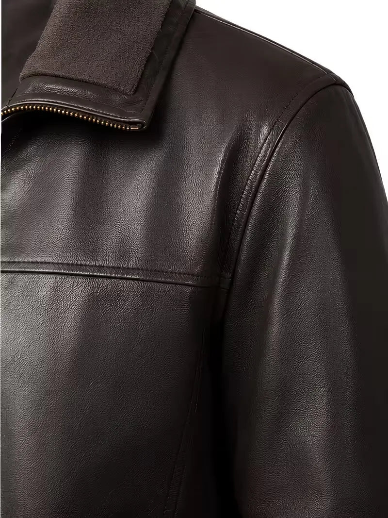 Men's black sheepskin leather bomber jacket, worn on model