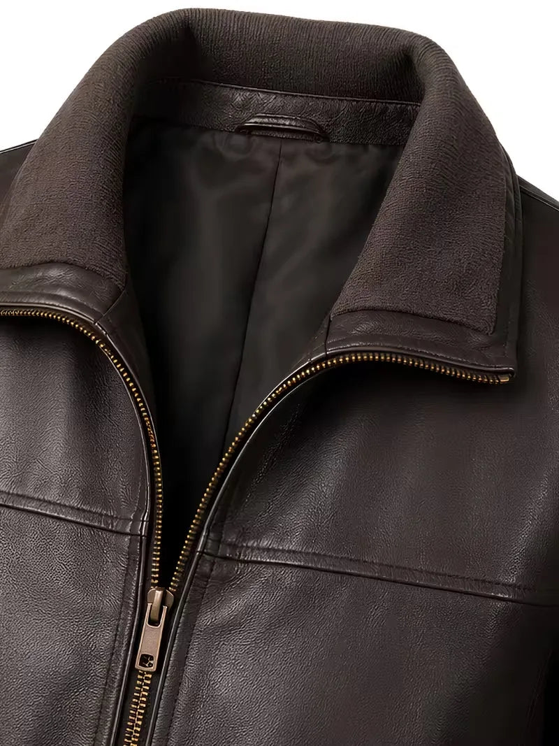 Men's black sheepskin leather bomber jacket, full length
