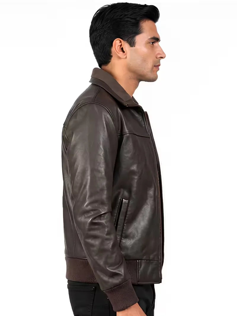 Men's black sheepskin leather bomber jacket, pocket detail