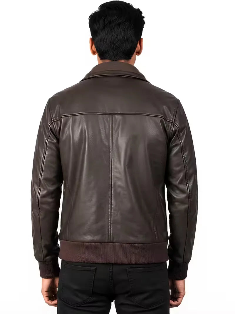 Men's black sheepskin leather bomber jacket, cuff detail