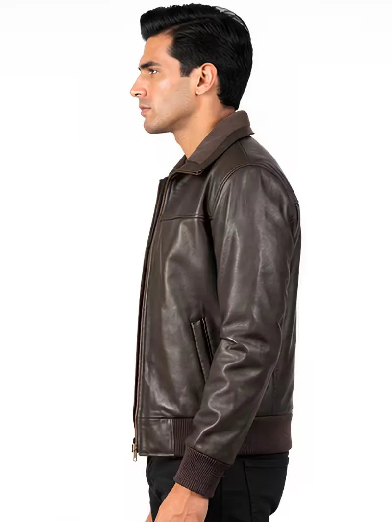 Men's black sheepskin leather bomber jacket, lining detail